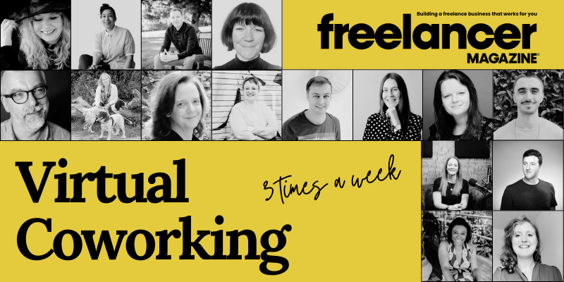 Black text on a mustard yellow background says "Virtual Coworking - 3 times a week". Across the image are small black and white headshots of the 16 cowork hosts.